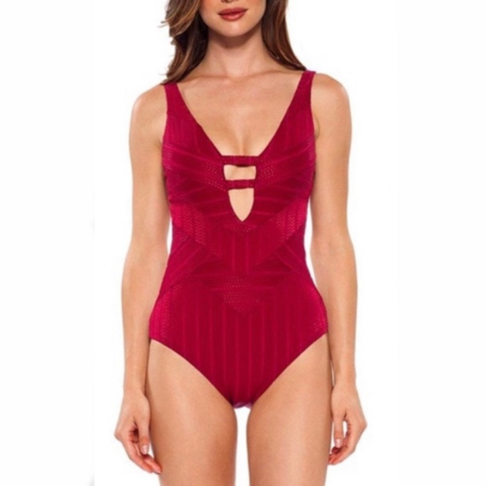 BECCA red one piece swimsuit plunge neckline M